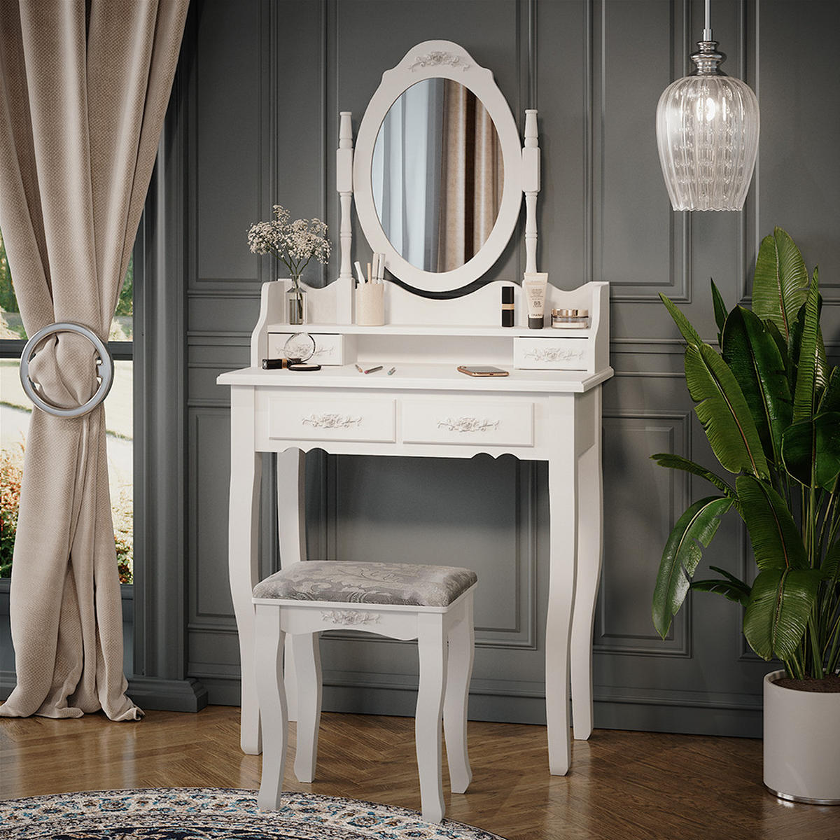 SCHMINKTISCH Meghan Weiß 75 cm mit Hocker - Weiß, Holzwerkstoff (75/146.5/40cm) - Vicco