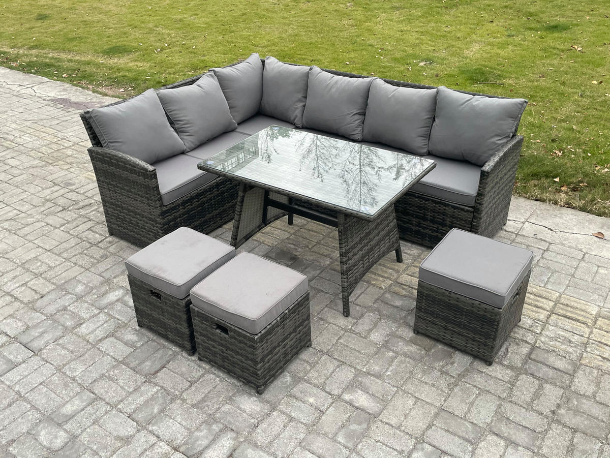 SITZGRUPPE mit Ecksofa 3 Hocker Polyrattan Dunkelgrau 9-Sitzer - Dunkelgrau/Grau, Glas/Kunststoff - Fimous