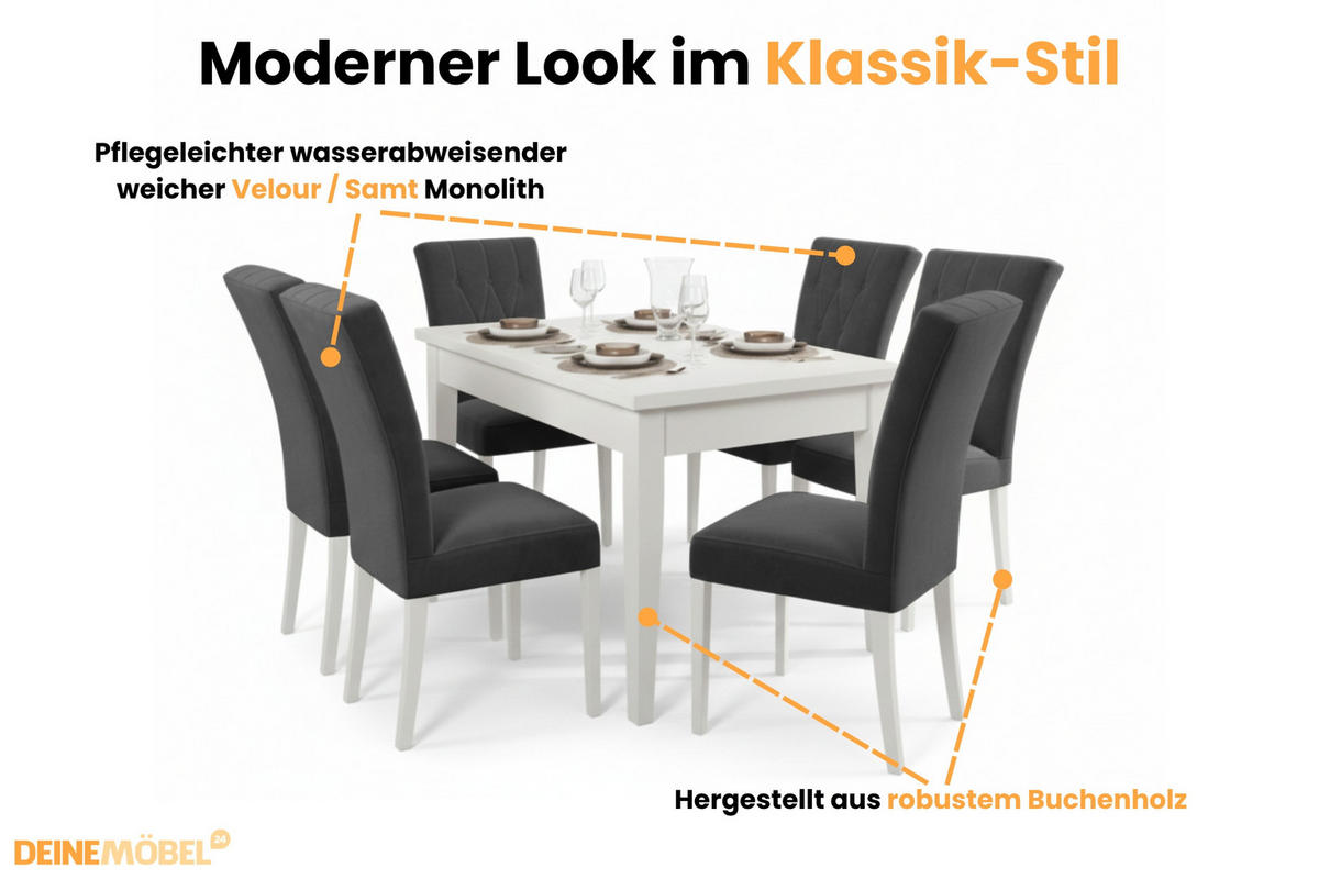 TISCHGRUPPE DAKOTA 140/80 cm in Weiß mit 6 Stühlen in Graphit - Graphitfarben/Weiß, Holz/Holzwerkstoff (80/77/140cm) - Deine Möbel 24