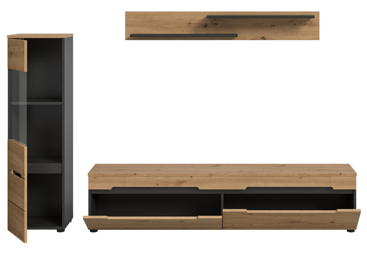 WOHNWAND Eiche Artisan, grau, Kombination 3-teilig 220 cm hängend oder stehend, Soft-Close, Cooper - Schwarz/Eiche Artisan, Glas/Holzwerkstoff (221/141/33cm) - Inn.Furn