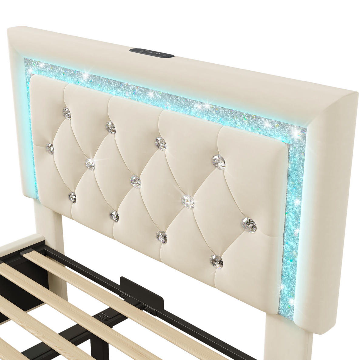 ČALÚNENÁ posteľ z velúru 90x200 cm béžová s LED osvetlením, USB a Type-C nabíjaním, úložným priestorom - béžová, textil (90/200cm) - Modfu