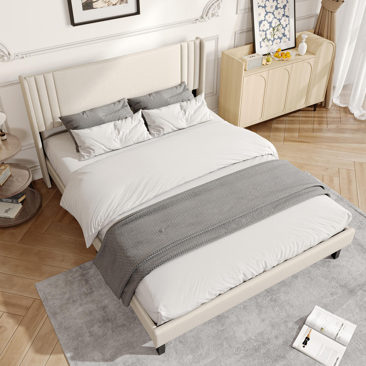 POLSTERBETT 140x200 cm - Polsterbett für Erwachsene aus Leinenstoff mit gepolstertem Kopfteil und Lattenrost - Jugendbett - Beige - Beige, Holzwerkstoff (140/200cm) - Brevoria