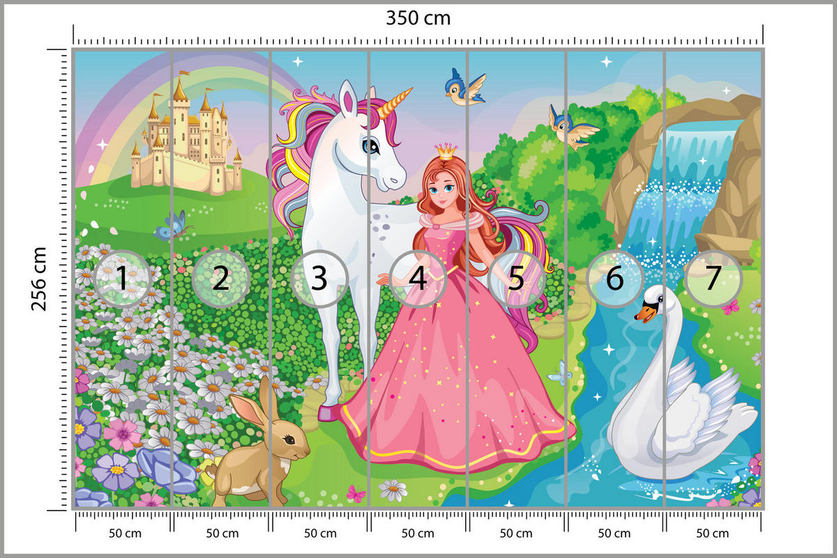 FOTOTAPETE für Kinderzimmer Prinzessin Einhorn Schloss Wasserfall Blumen 350x256 - Blau/Gelb, Papier (350/256cm) - Muralo