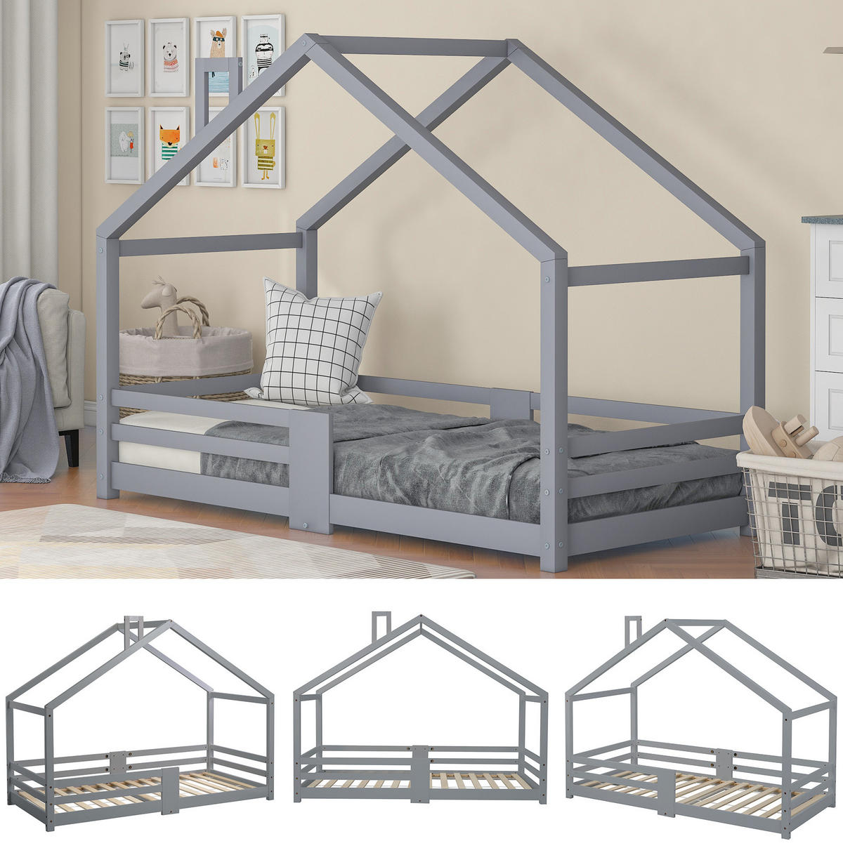 HAUSBETT 90/200 cm grau aus Kiefernholz mit Rausfallschutz - Grau, Holz (90/200cm) - OKWISH