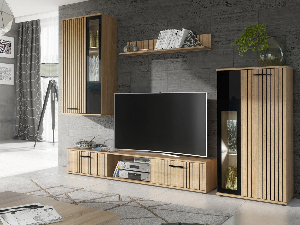 WOHNWAND Eiche, schwarz 255 cm Lamellenoptik, Schrankwand mit Beleuchtung - Eichefarben/Schwarz, Glas/Holzwerkstoff (255/180/30cm) - Furn.Design