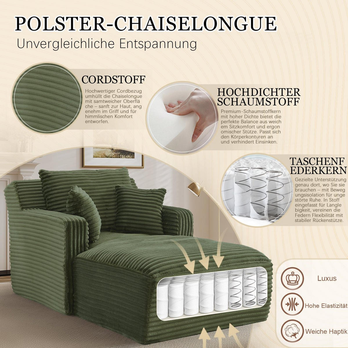 SOFA Cord Grün als Relaxsessel und Schlafsofa - Grün, Textil (100/82/166cm) - WISHDOR