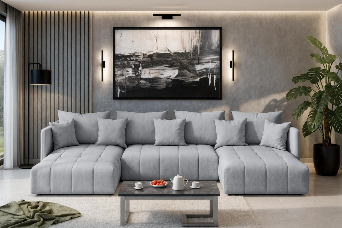WOHNLANDSCHAFT Veliro U Hellgrau 353/180/83 cm mit Schlaffunktion und Bettkasten - Hellgrau/Schwarz, Kunststoff/Textil (353/83/180cm) - AX Living