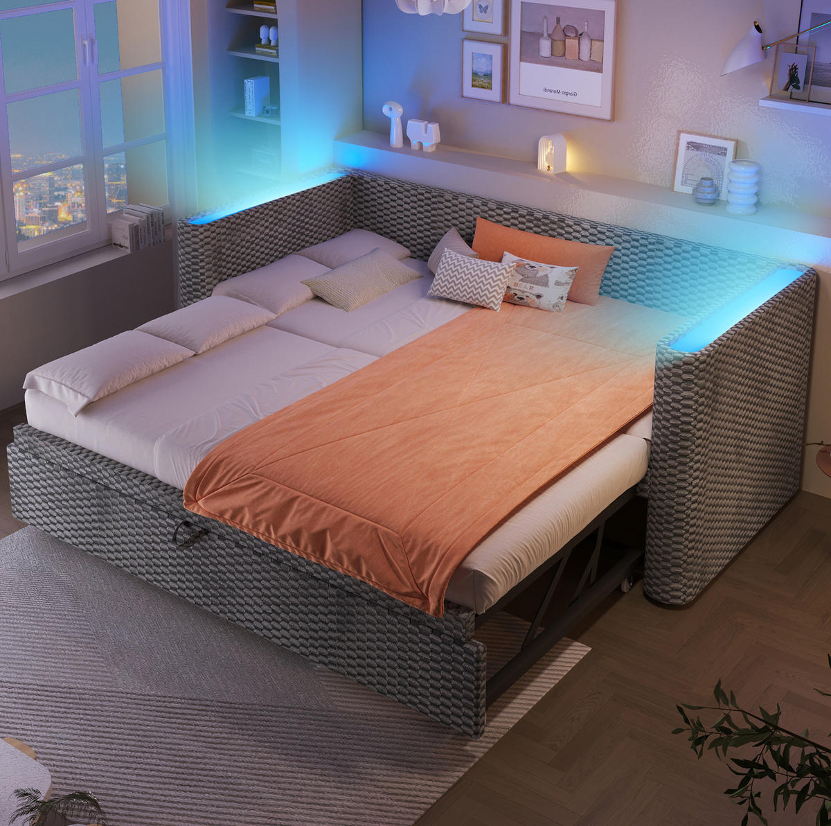 BETT 90/200 cm ausziehbar auf 180/200 cm in Grau – inkl. Lattenrost - Grau, Textil (90/200cm) - BEAOK