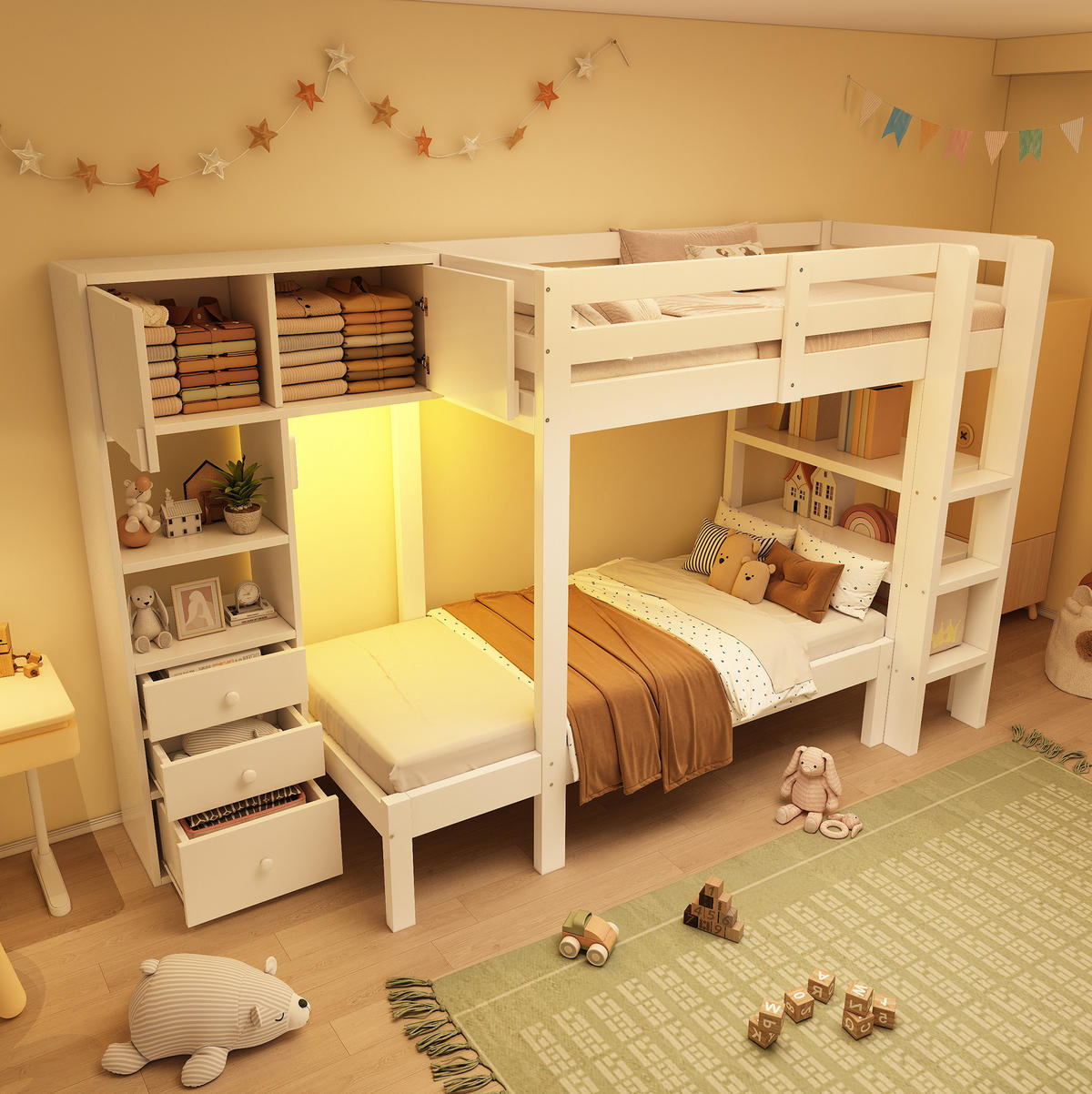 ETAGENBETT aus Massivholz und MDF 90x200 cm Weiß mit Nachtlicht, Schrank, Regal und Schubladen - Weiß, Metall (90/200cm) - Modfu