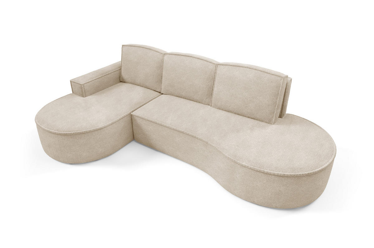 ECKSOFA MOLLY mit Schlaffunktion – Halbrund, freistehend, Liegefläche 140x207 cm, 3 Kissen, Abriamo-Stoff, 277x157x88 cm, Links Beige - Sandfarben, Holz/Textil (157/277cm) - DomoHome