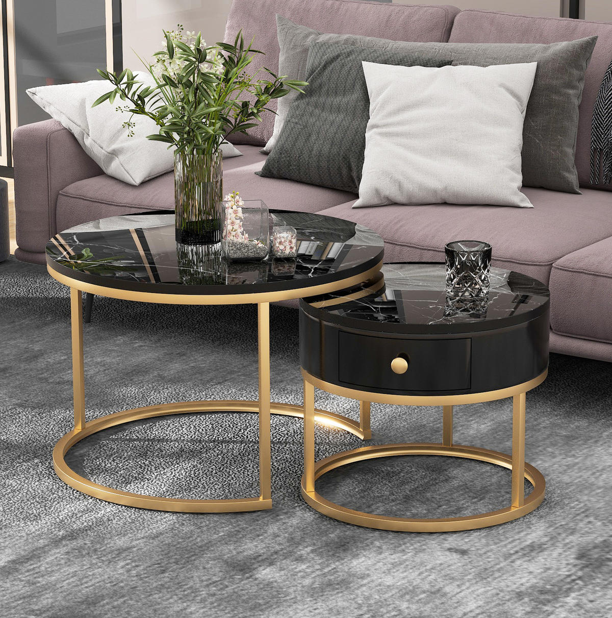 COUCHTISCH-SET 70/70/48 und 50/50/43,5 cm, rund, aus MDF mit Nesting-Design, Hochglanz-Marmormuster und Metallgestell, Schwarz - Schwarz, Holzwerkstoff (70/70/48cm) - Redom