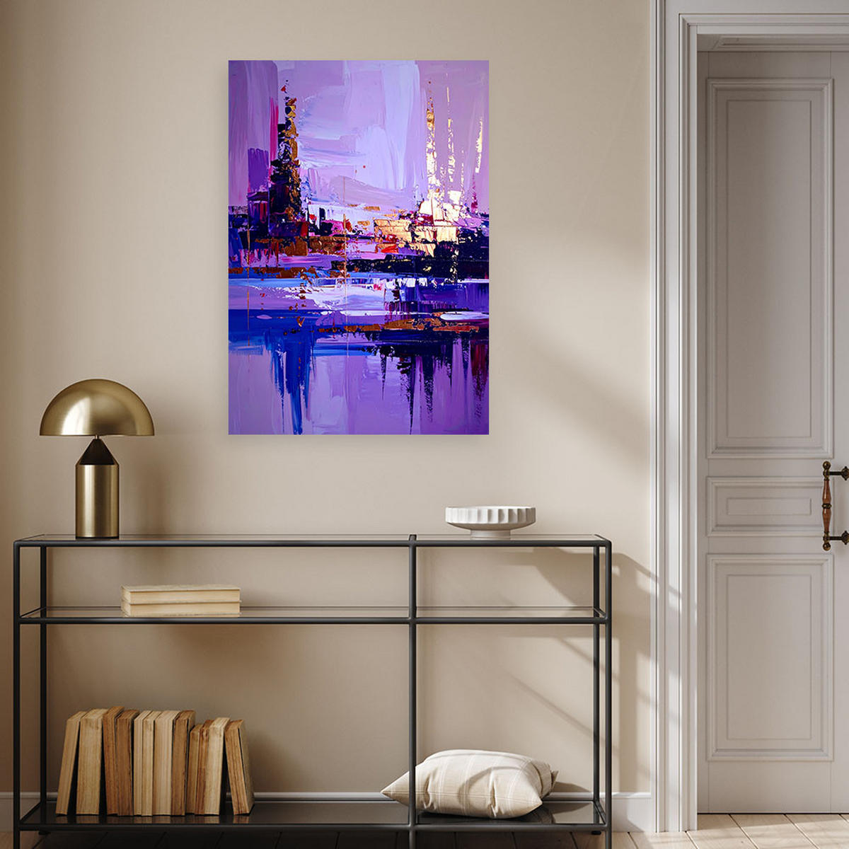 BILD auf Leinwand, Farbenfrohe abstrakte Stadtkulisse in Violetttönen - Multicolor, Textil (40/60cm) - Feeby