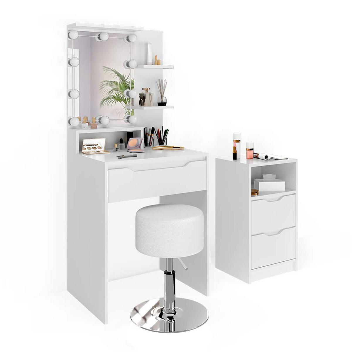 SCHMINKTISCH Ruben Weiß mit Schubladenschrank LED Beleuchtung und Hocker - Weiß, Holzwerkstoff (60/142.7/48cm) - Vicco