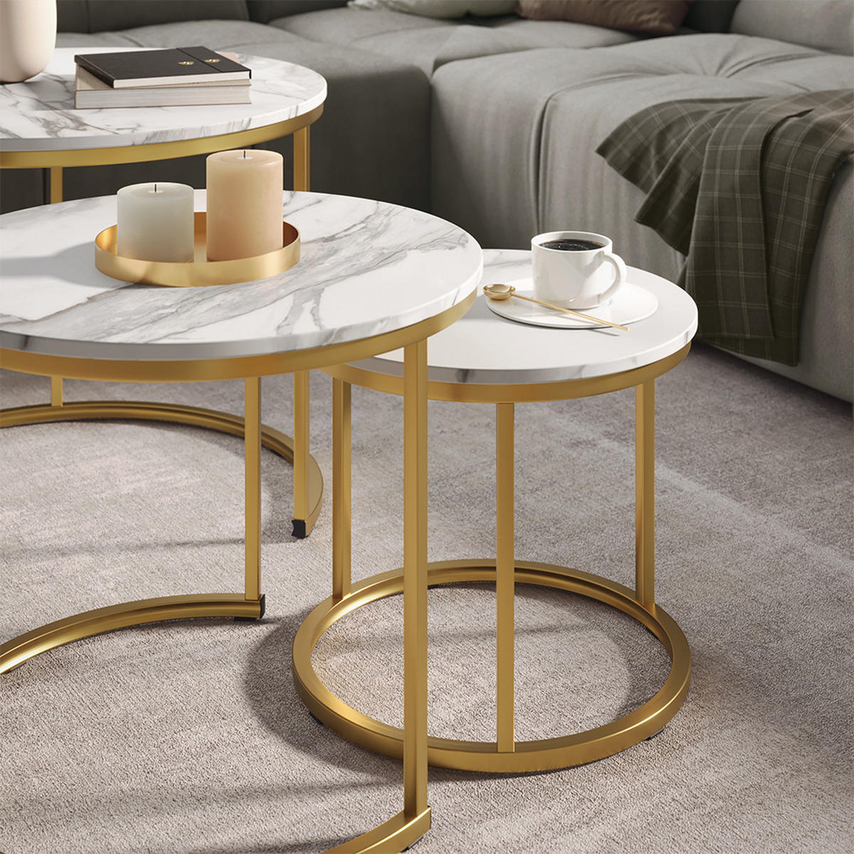 COUCHTISCH-SET Montreal Weiß/Gold 55 x 55 cm 3 Teile - Goldfarben/Weiß, Holzwerkstoff (55/55/44.5cm) - Vicco