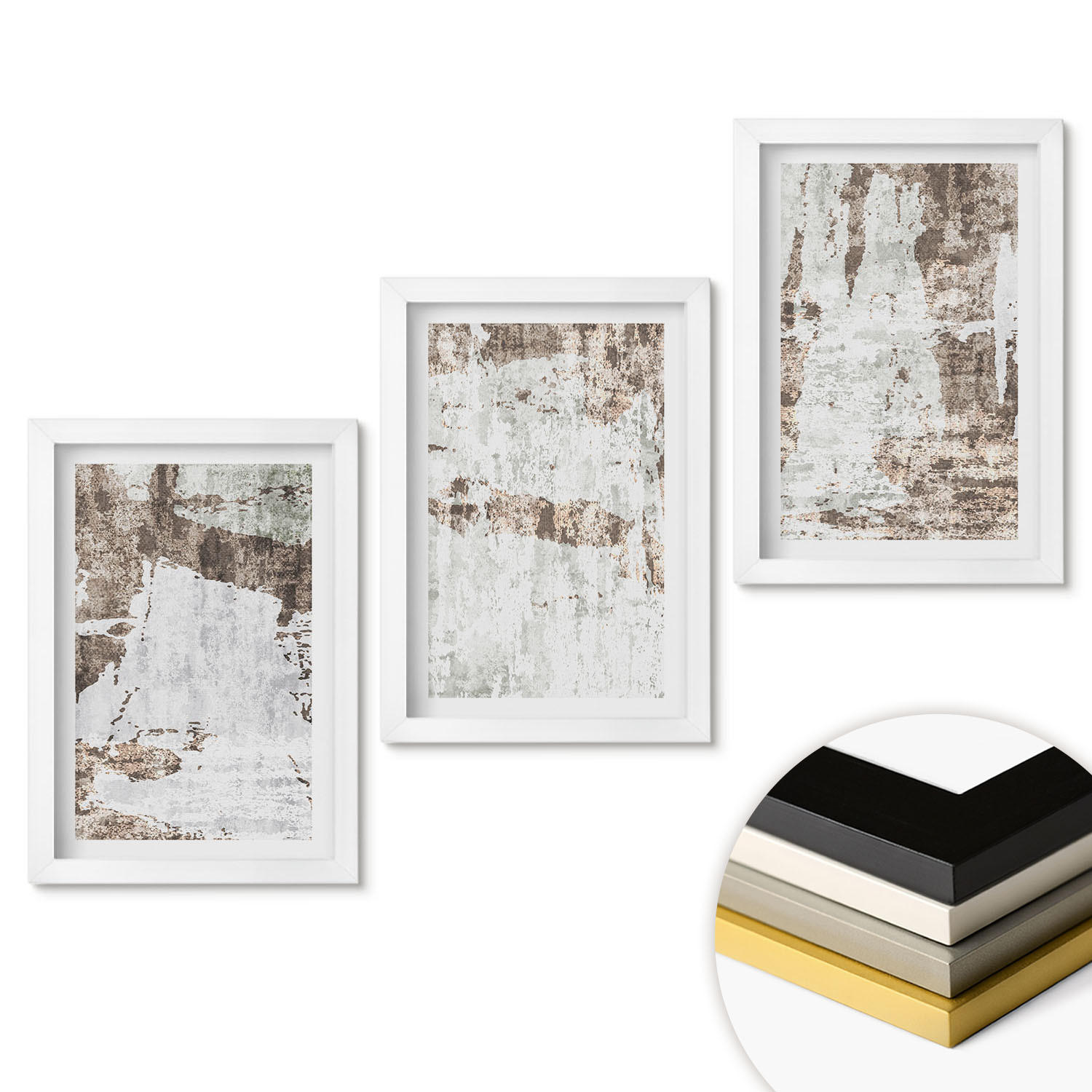 WANDBILDER 3er-Set - 20x30 cm Weißer Rahmen - Abstrakte Muster, weiß, braun - Weiß, Kunststoff (20/30cm) - ArtPrintCave