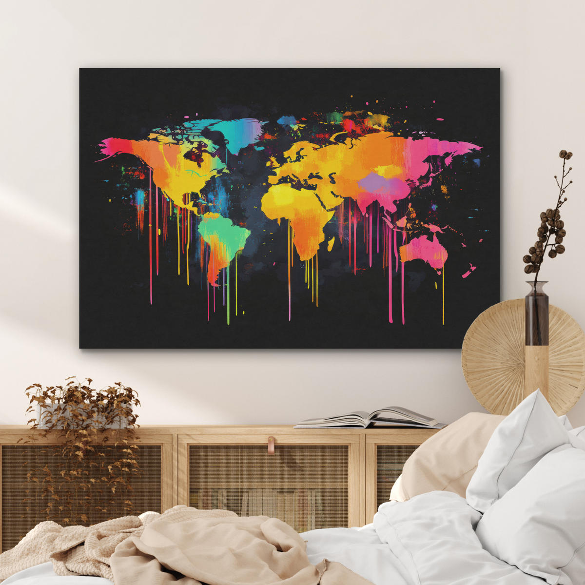AKUSTIKBILD Weltkarte - Farbe - Bunt - Graffiti - Welt Wandbild Wohnzimmer 100x70 cm - Multicolor, Textil (100/70/0.9cm) - MuchoWow