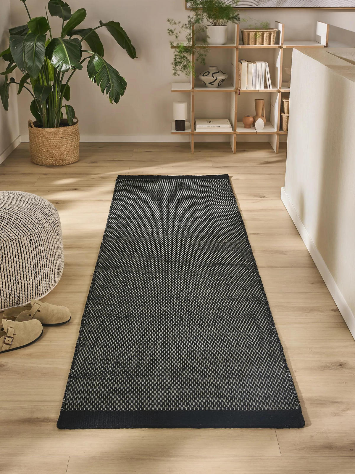 WOLLTEPPICH-LÄUFER Rocco Schwarz/Weiß 80x250 cm - Schwarz, Naturmaterialien/Textil (80/250cm) - benuta Pure