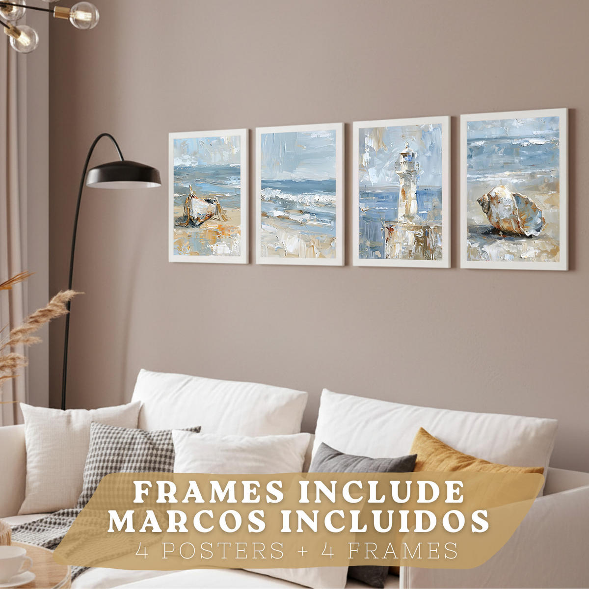PLAKAT Sada 3 tisků s motivy pláže, moře a francouzské riviéry: maják a loď. Nástěnná dekorace. Přímořská scenérie. Velikost Bílý rám A3 - bílá, papír (29.7/42/3cm) - Nacnic