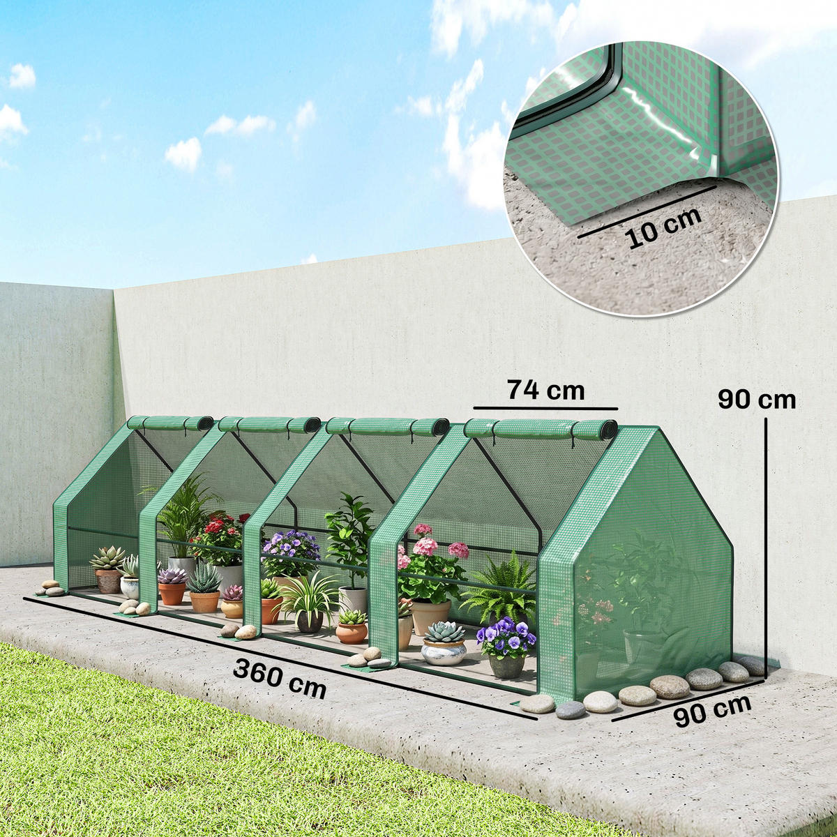 MINI-GEWÄCHSHAUS, Tunnel, 4 Fenster, Rolltür, Stahl, PE 140g/m², UV-beständig, 360x90x90cm, Grün - Multicolor, Kunststoff (360/90/90cm) - FORIOUS