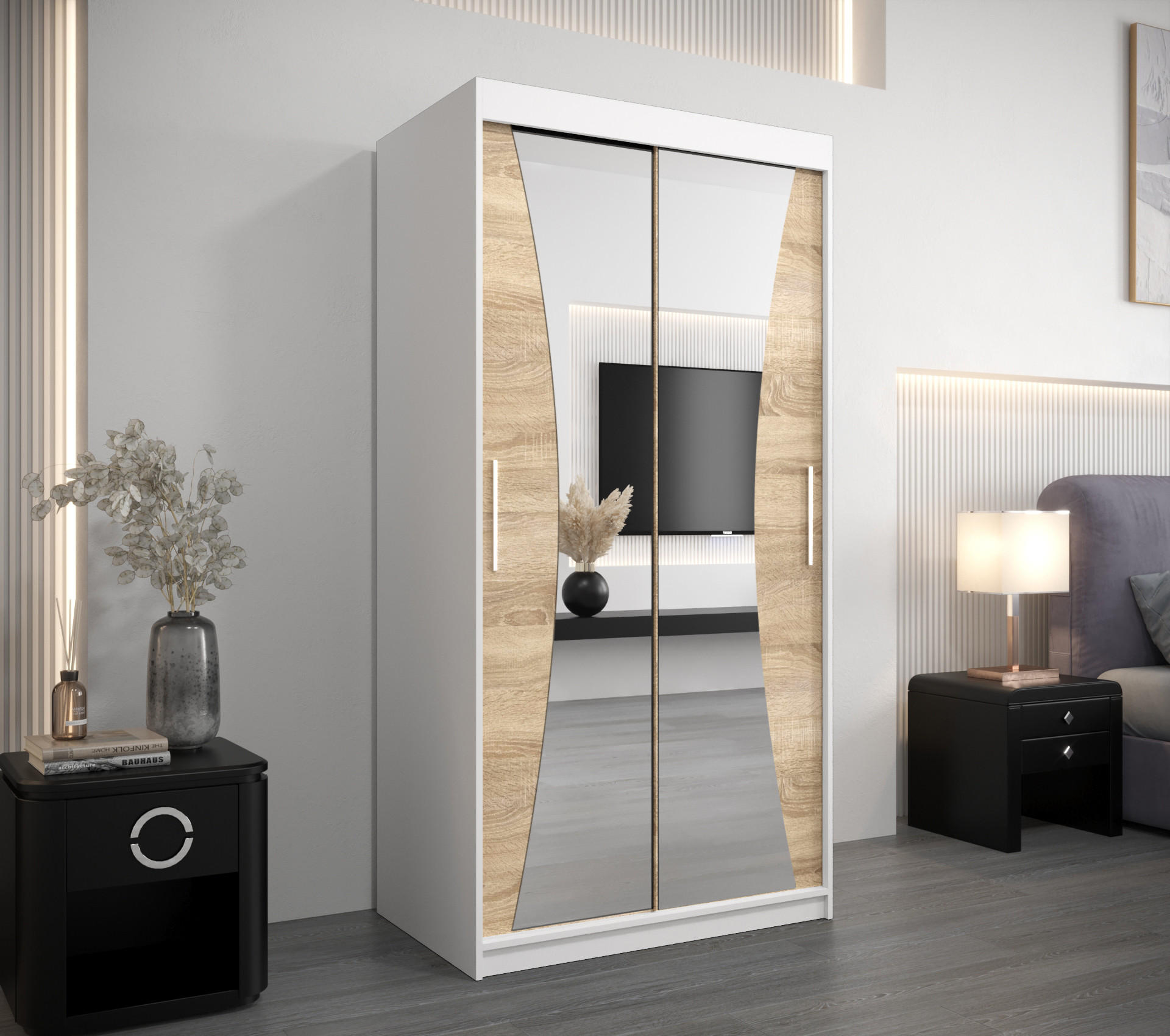 SCHWEBETÜRENSCHRANK 200/100/62 2-türig - Silberfarben/Weiß, Holz/Kunststoff (100/200/62cm) - Abiks Möbel