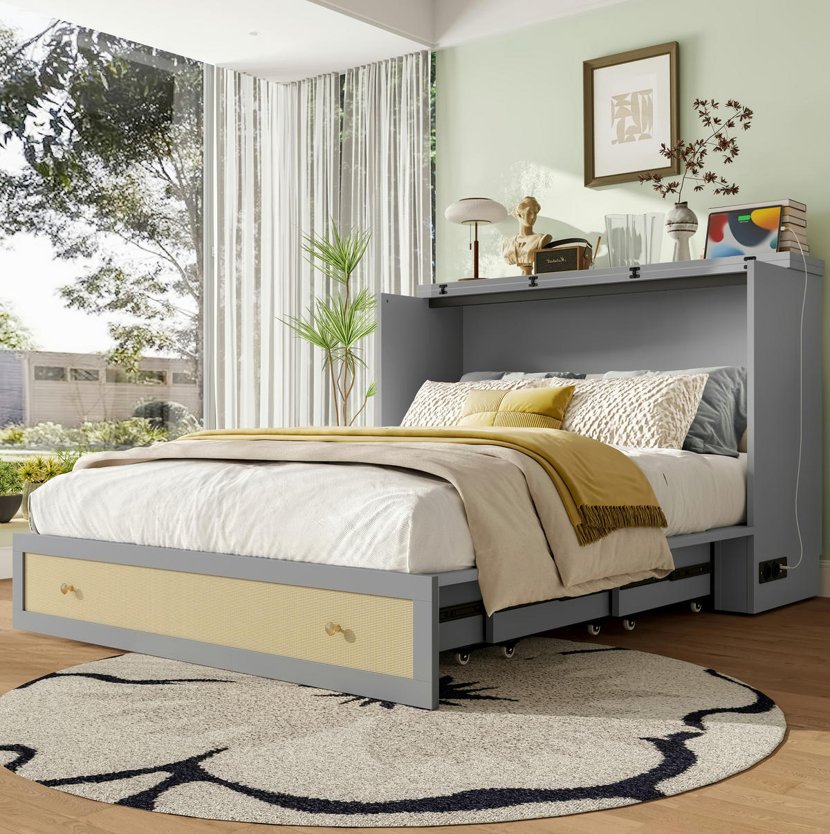 BETT mit Bettkasten 140/200 cm in Grau – umbaubar, mit Kopfteil und USB - Grau, Holzwerkstoff (140/200cm) - BEAOK