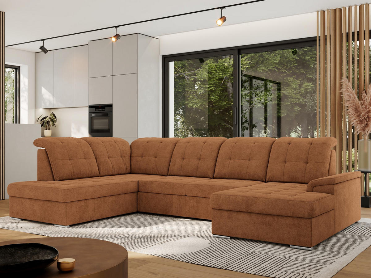WOHNLANDSCHAFT MADRITO U - Orange Struktur - Links - Silberfarben/Orange, Textil/Metall (204/89/323cm) - MKS