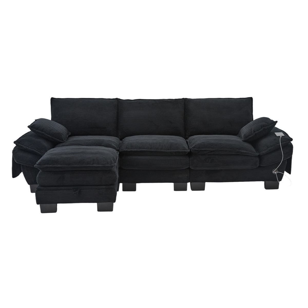 ECKSOFA 260/132/84 cm schwarz aus Cord mit Hocker und USB-C - Schwarz, Textil (132/260cm) - OKWISH