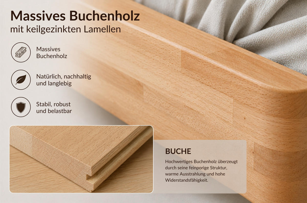 MASSIVHOLZBETT Eyko MAUI, 180/200, Buche - lackiert, Samt-Kopfteil Braun - Buchefarben/Braun, Holz/Textil (180/200cm)