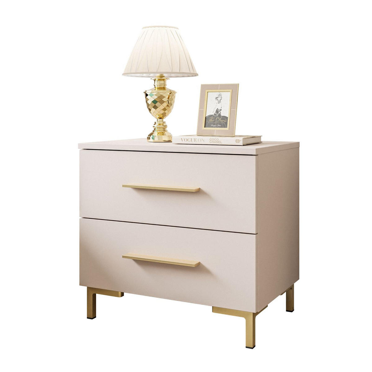 NACHTTISCH LINA KASCHMIR mit LED-Beleuchtung, goldenen Beinen und Griffen - Kaschmir, Holzwerkstoff (55/52/37cm) - Lookway