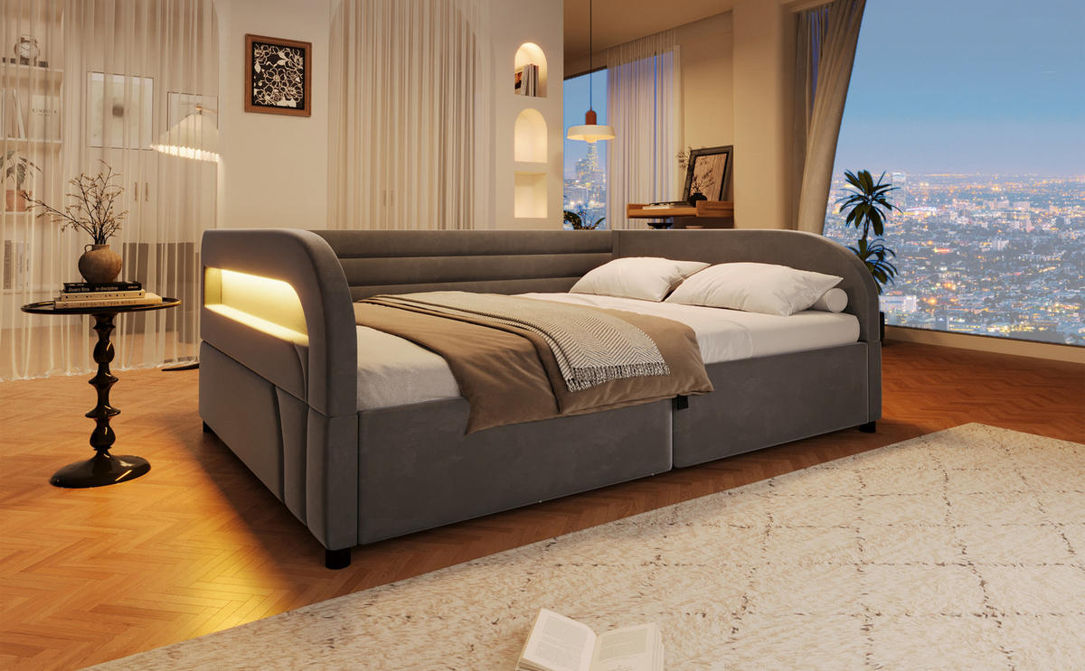 ČALOUNĚNÁ POSTEL 140/200 cm v šedé barvě s úložným prostorem a RGB LED - šedá, kov/kompozitní dřevo (140/200cm) - CHICFURN