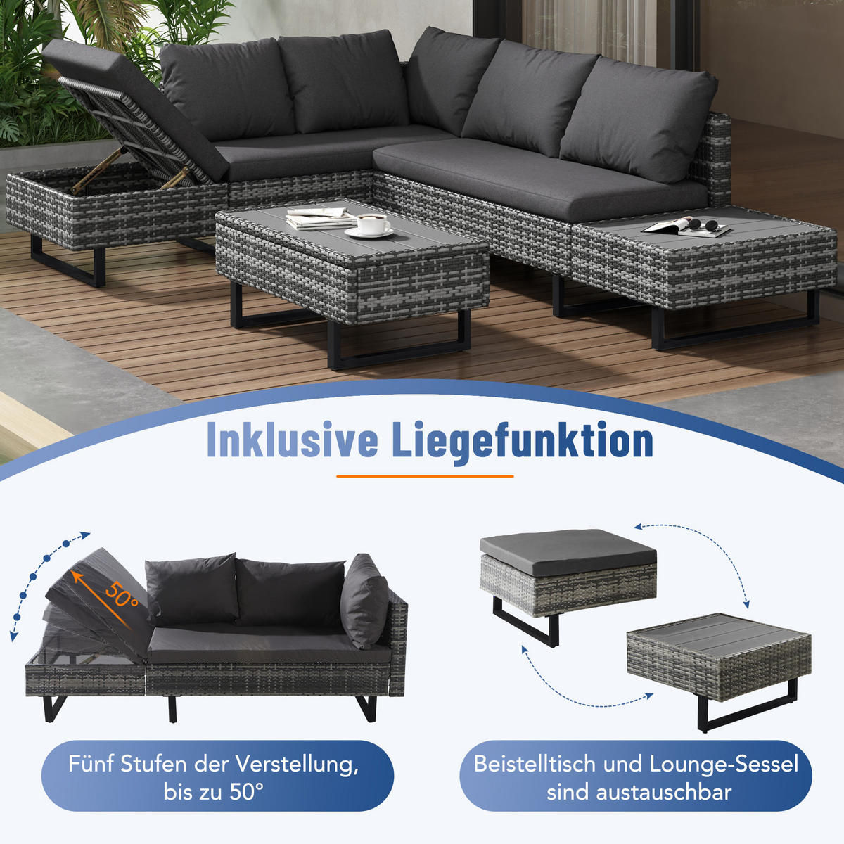 LOUNGESET 4-5 Personen Grau Poly Rattan Mit Abnehmbarem Bezug - Grau, Metall - FLIEKS