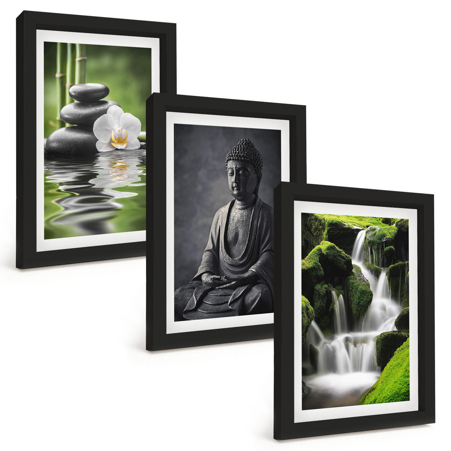 BILDER SET 3er Set - 20x30 cm Schwarzer Rahmen - Entspannende Zen-Wassermalerei - Schwarz, Kunststoff (20/30cm) - TULUP