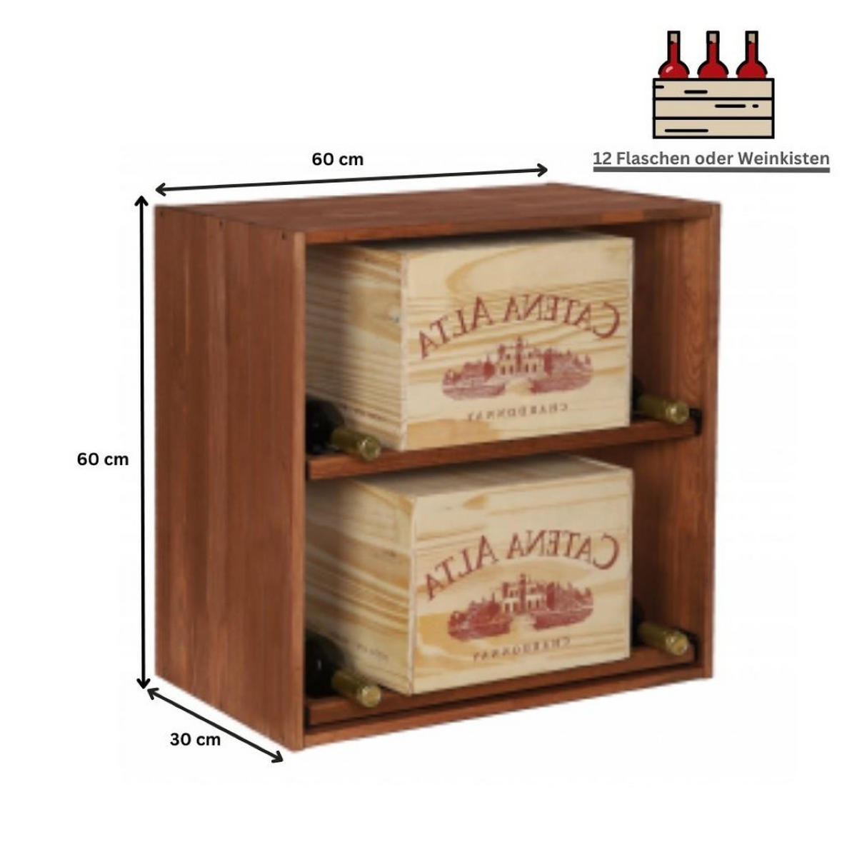 WEINREGAL Vincellar Mod 60x60x30 cm Modul Für 12 Flaschen Oder Weinkisten mit Ausziehbaren Ebenen Massives Kiefernholz Braun Geölt - Braun, Holz (60/60/30cm) - PROREGAL