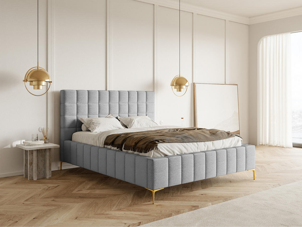 POLSTERBETT Szejlo Hellgrau Chenille 180 cm - Goldfarben/Hellgrau, Textil/Metall (180/200cm) - Selsey