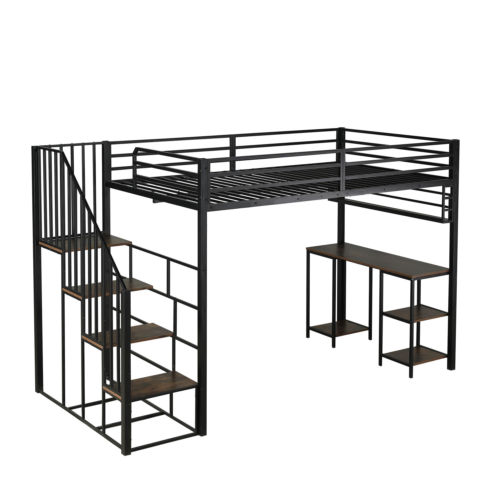 HOCHBETT 120/200 cm DE-02358, in Schwarz, mit Treppe, Schreibtisch und Aufbewahrungsregal - Walnussfarben/Schwarz, Holzwerkstoff/Metall (120/200cm) - ComfortXL