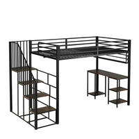 HOCHBETT 120/200 cm DE-02358, in Schwarz, mit Treppe, Schreibtisch und Aufbewahrungsregal - Walnussfarben/Schwarz, Holzwerkstoff/Metall (120/200cm) - ComfortXL