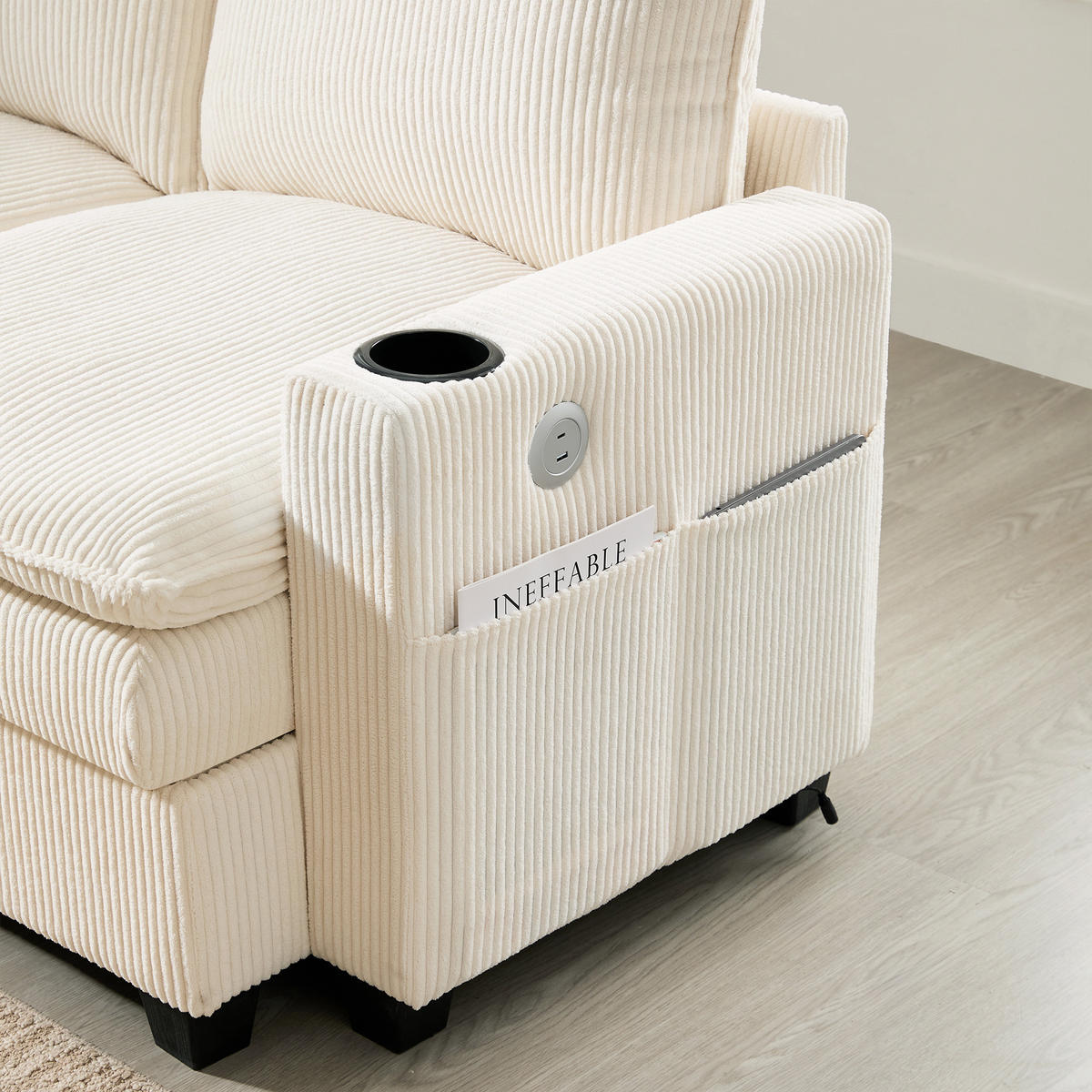 WOHNLANDSCHAFT Cord Beige mit USB, Stauraum und Getränkehaltern - Beige, Holzwerkstoff/Kunststoff (280/83/150cm) - WISHDOR