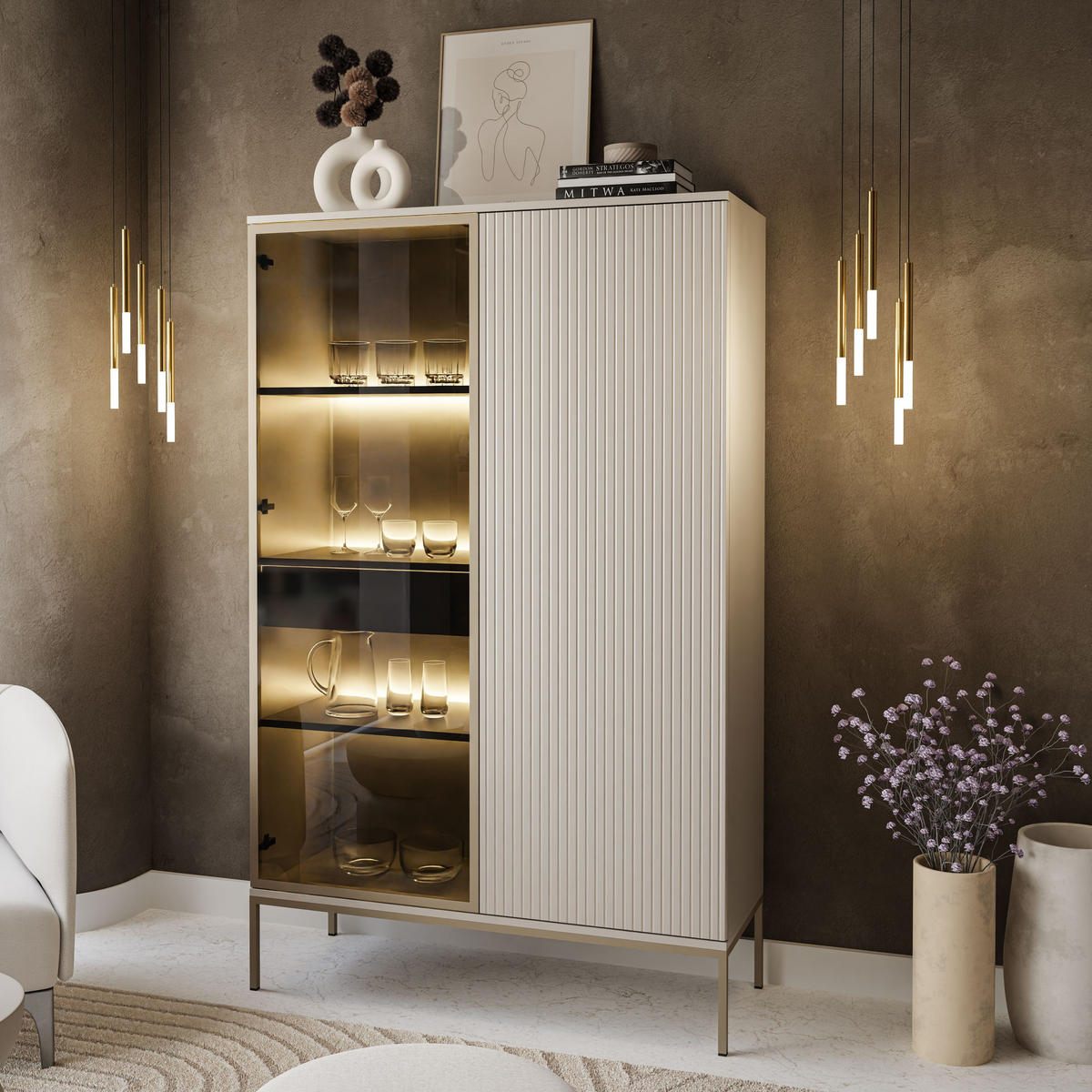 VITRINE ECLIPSE WTSZ104 mit Beleuchtung,KASCHMIR - Kaschmir, Holzwerkstoff (104/166/39cm) - Lookway