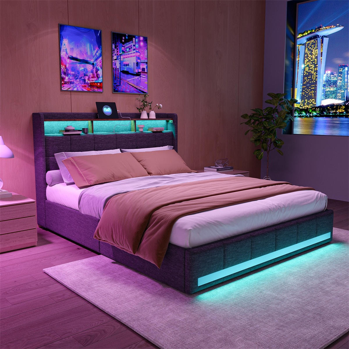 POLSTERBETT 160x200cm - Doppelbett mit 4 Schubladen - RGB-LED-Beleuchtung Ladestation - ohne Matratze - Grau - Grau, Textil (160/200cm) - DELFA