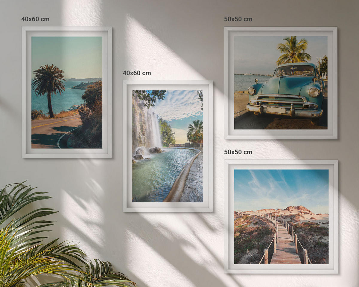 BILDER SET 4er Set - 50x50 cm & 40x60 cm Weißer Rahmen - Urlaub Palmen Wasserfall - Weiß, Kunststoff (50/50cm) - TULUP