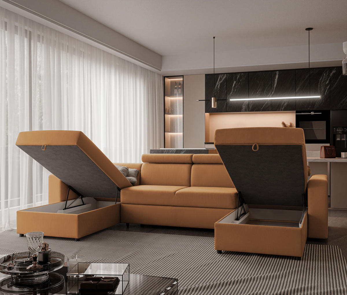 WOHNLANDSCHAFT BENI U II mit verstellbaren Kopfstützen und Schlaffunktion, Farbe: Orange - Orange, Textil (302/60/166cm) - Idohome