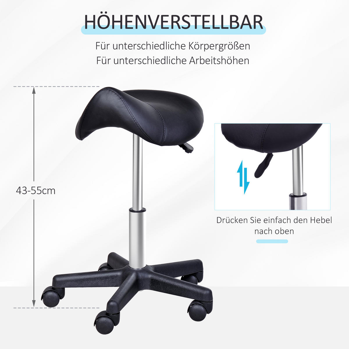 ROLLHOCKER Höhenverstellbarer Drehhocker Arbeitshocker mit Rädern Kunstleder - Schwarz, Leder (38/55/35cm) - HOMCOM