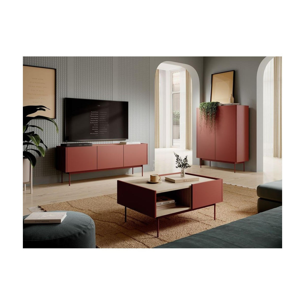 WOHNZIMMER Set 3-tlg. – COLOR – Rot - Rot, Holzwerkstoff (144/55/37cm) - hi-markt