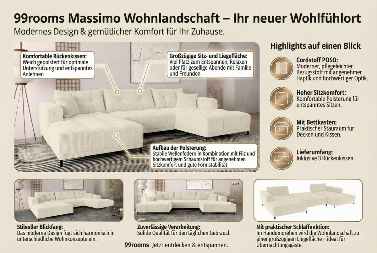 WOHNLANDSCHAFT Massimo Cordstoff Creme inkl. Schlaffunktion - Creme/Schwarz, Textil/Metall (356/94/181cm) - 99rooms