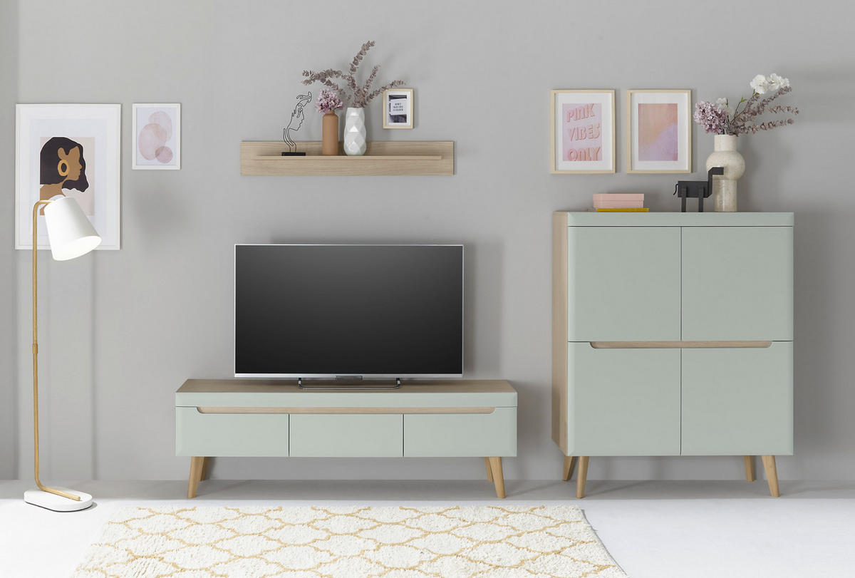 WOHNWAND 3-teilig pistazie grün, Eiche, skandinavisch 287 cm, Schrankwand mit Soft-Close - Eichefarben/Pastellgrün, Eichenholz/Holz (287/170/40cm) - Furn.Design