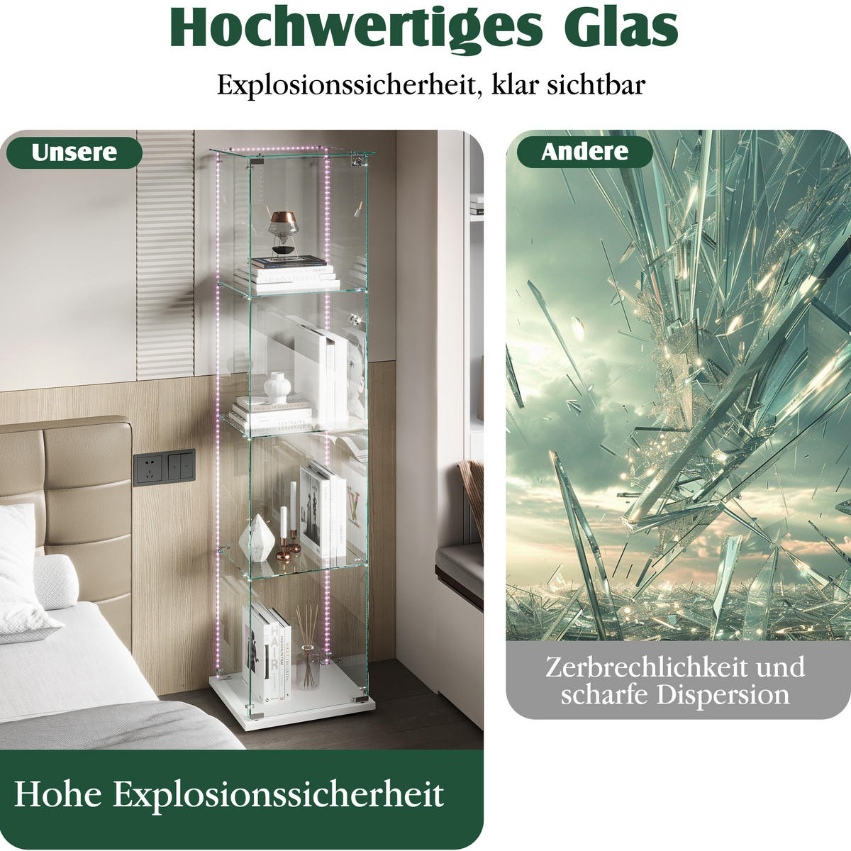 GLASVITRINE mit 4 Ablagen, LED-Lichtleiste, Doppeltüren, Weiß - Weiß, Glas (39.8/163/35cm) - BRILVERDE