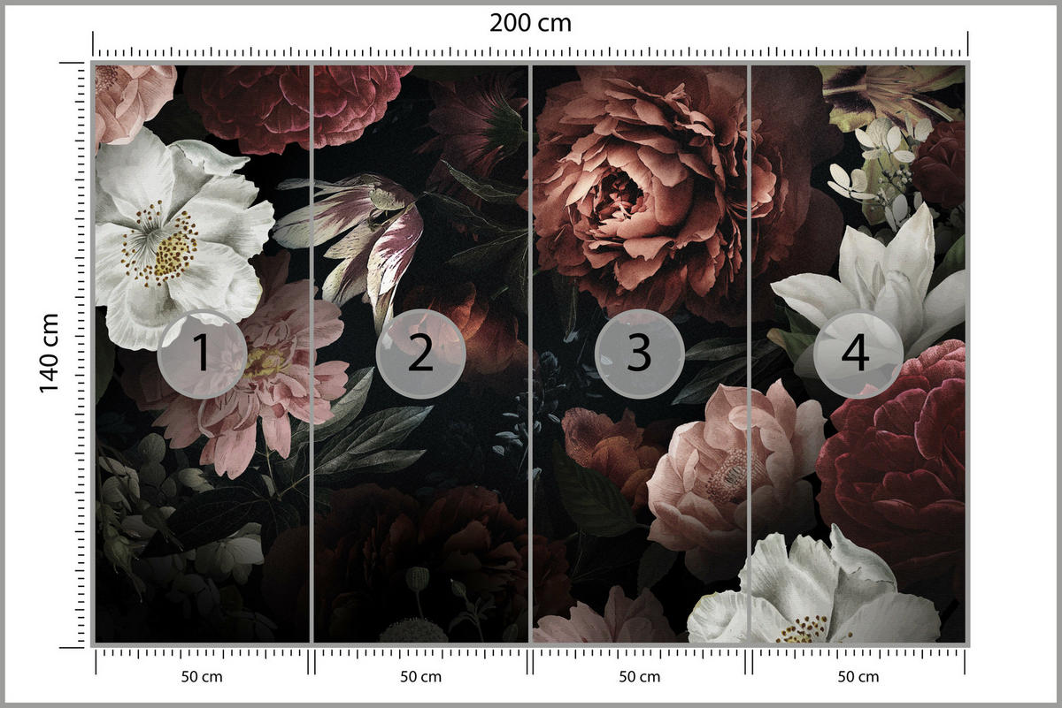 FOTOTAPETE für Büro Bunte Blumen Pfingstrosen Botanisch 200x140 - Rot/Weinrot, Papier (200/140cm) - Muralo