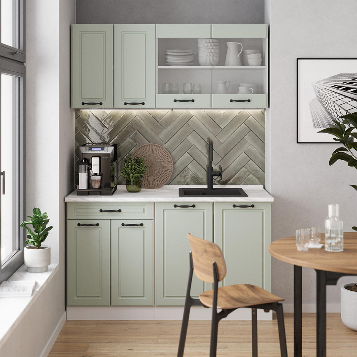 SINGLEKÜCHE R-Line, Mint Landhaus/Weiß, 140 cm ohne Arbeitsplatte - Weiß/Grün, Holzwerkstoff (140/81.6/46cm) - Vicco