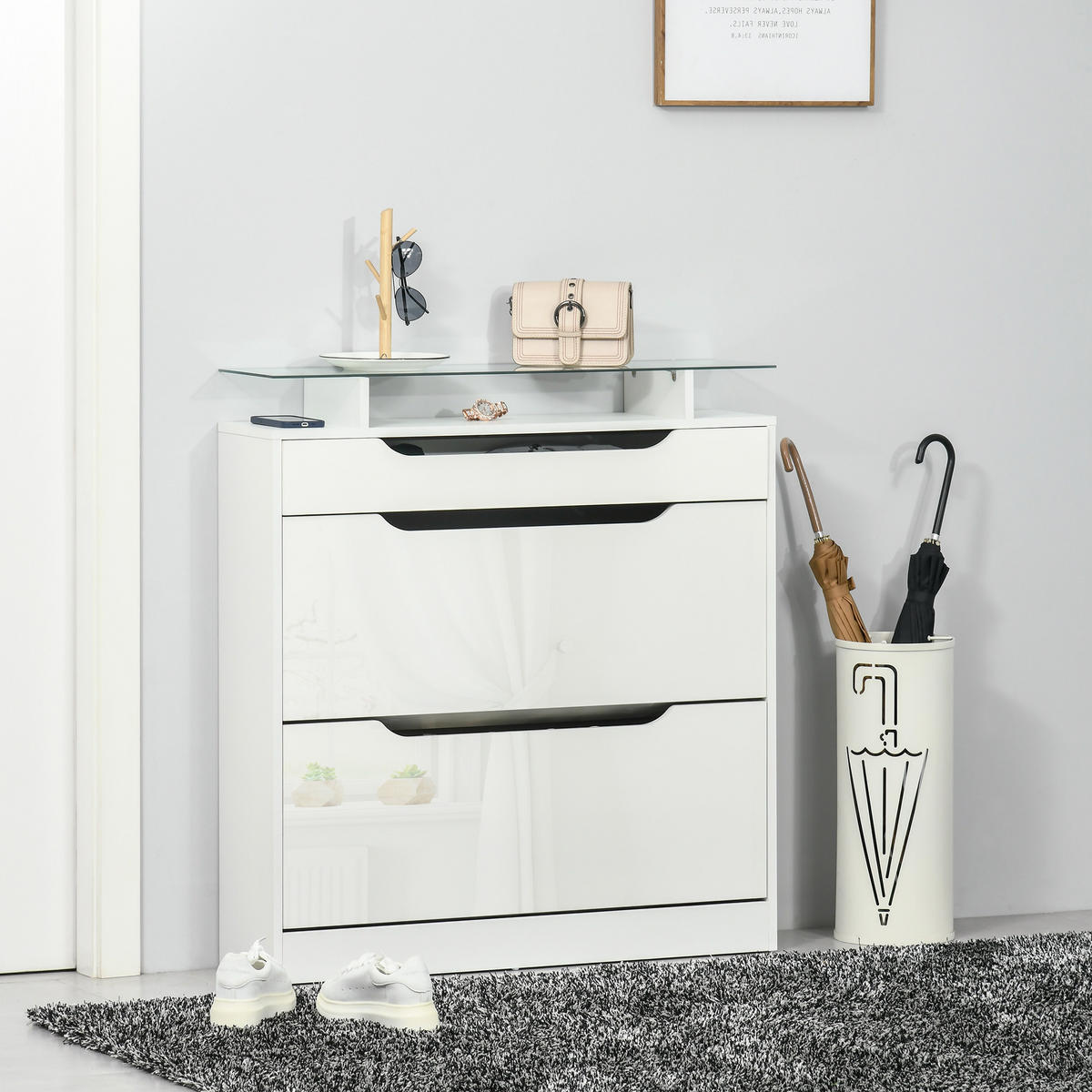 SCHUHSCHRANK DE-14974 2 Klapp-Schubladen und 1 Schubfach und Glasablage Weiß - Weiß, Holzwerkstoff (89/96/23cm) - ComfortXL