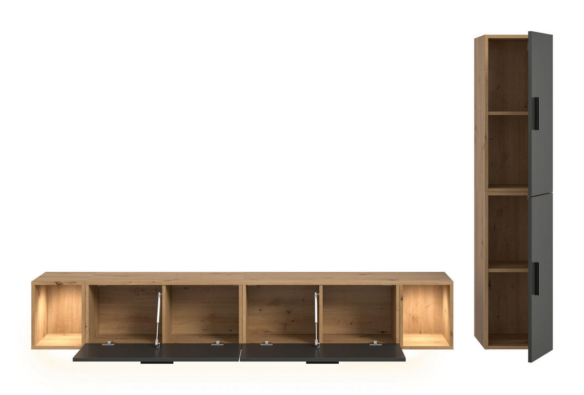 WOHNWAND INKL BELEUCHTUNG The One Basalt grau 259/34/182 cm - Braun, Holzwerkstoff (259/182/34cm) - Xonox